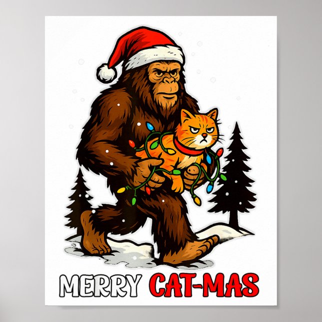 Glad Catmas Bigfoot Och Ljus Jultomte Hatt Rolig C Poster (Framsidan)