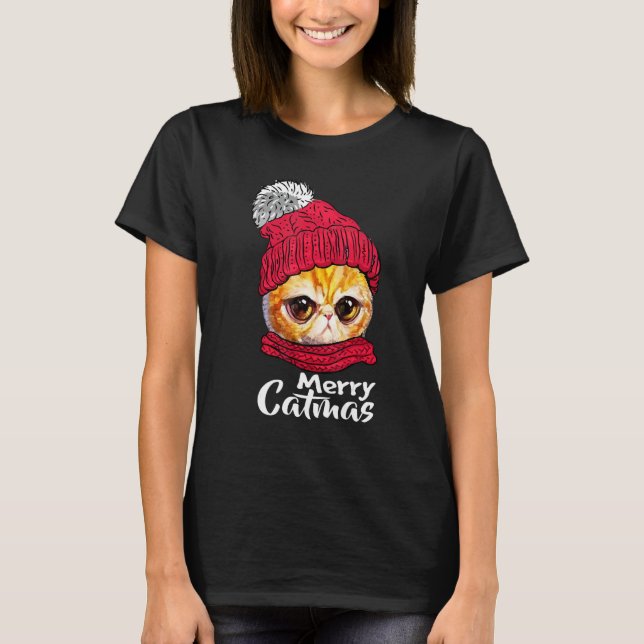 Glad Catmas Katt Jul Santa Hatt Xmas Pyjamas C T Shirt (Framsida)