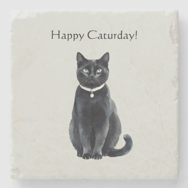 Glad Caturday Svart Katt Stenunderlägg (Framsidan)