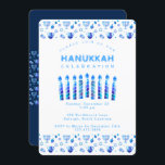 Glad Chanukka Vacker judisk högtid Inbjudningar<br><div class="desc">Glad Chanukka-fest Invitation Vacker judisk högtidskort. Judisk högtid Chanukka bakgrund med traditionella Chanukka dekorationer - trädreidlar (snurrande topp), munkar, hanukkia menorah, ljus, Davidsstjärna och lysande ljus tapet marinblått mönster. Chanukka ljusfestival Event dekoration. Jerusalem, Israel. Inbjudningar & brevpapper > Inbjudningar & meddelanden Design med textmall. Anpassa dem genom att lägga till...</div>