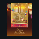 Glad Chanukka Vacker judisk högtid Vykort<br><div class="desc">Glad Chanukka Vacker judisk högtidsgratulationskort. Judisk högtid Chanukka bakgrund med traditionella Chanukah symboler - Guldmenorah, Hanukkia ljusstake och ljus, trädreidels (snurrande topp), munkar, Davidsstjärna och lysande ljus tapet mönster. Chanukka festival dekoration. Jerusalem, Israel. Inbjudningar & brevpapper, gratulationskort, vykort, vacker kort design med text mall Anpassa dem genom att lägga till...</div>
