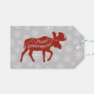 Glad Christmoose älg och snöflingor Presentetikett