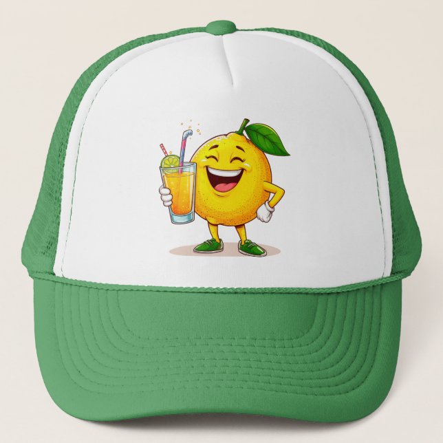 Glad Citron Tecknad Karaktär som Håller i Juice Keps (Framsida)