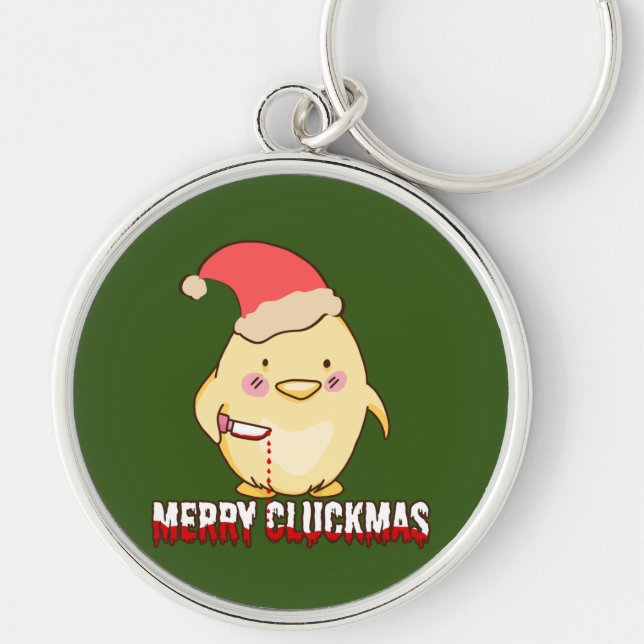 Glad Cluckjul, Rolig Julkyckling Rund Silverfärgad Nyckelring (Framsidan)