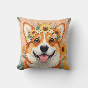 Glad corgi hund krona av tusenskönor och solrosor kudde