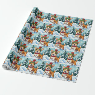 Glad Corgi-hund som studsar i snö med pom-pom Presentpapper