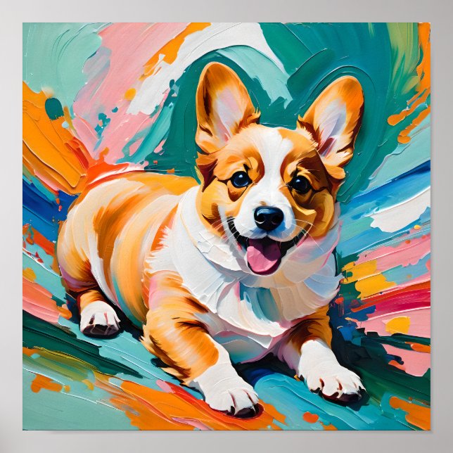 Glad Corgi i Färgsprak - Abstrakt Poster (Framsidan)