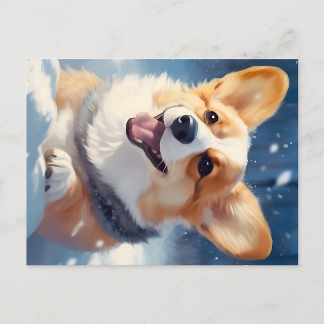 Glad Corgi som leker i snö Helg Vykort (Framsida)
