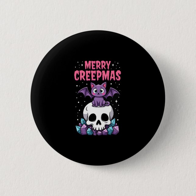 Glad Creepmas Katt Pastell Goth Jul Dödskalle T-Sh Knapp (Framsida)