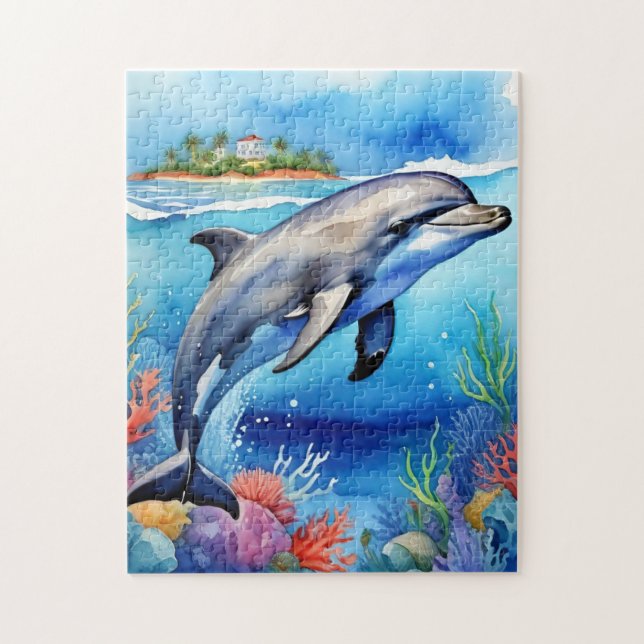 Glad Delfin Tropisk Ocean Korallstrand Pussel (Vertikal)