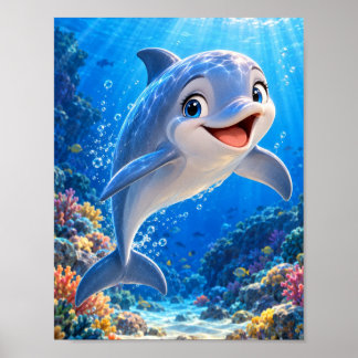 Glad Delfin Under Havet - Levande Ocean Korall Poster
