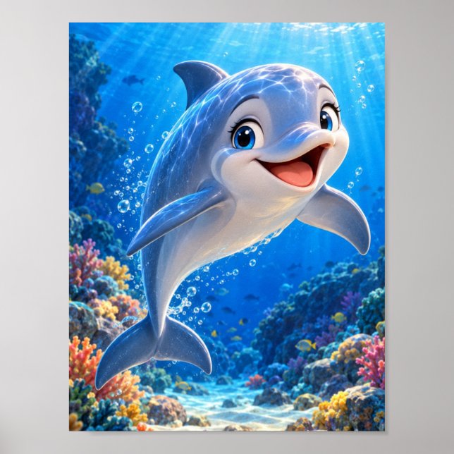 Glad Delfin Under Havet - Levande Ocean Korall Poster (Framsidan)