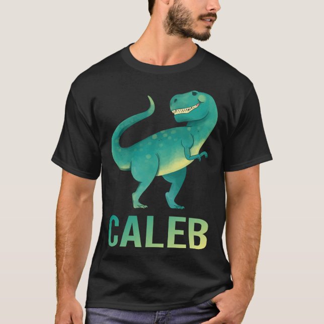 Glad Dinosaur - Caleb Namn T Shirt (Framsida)