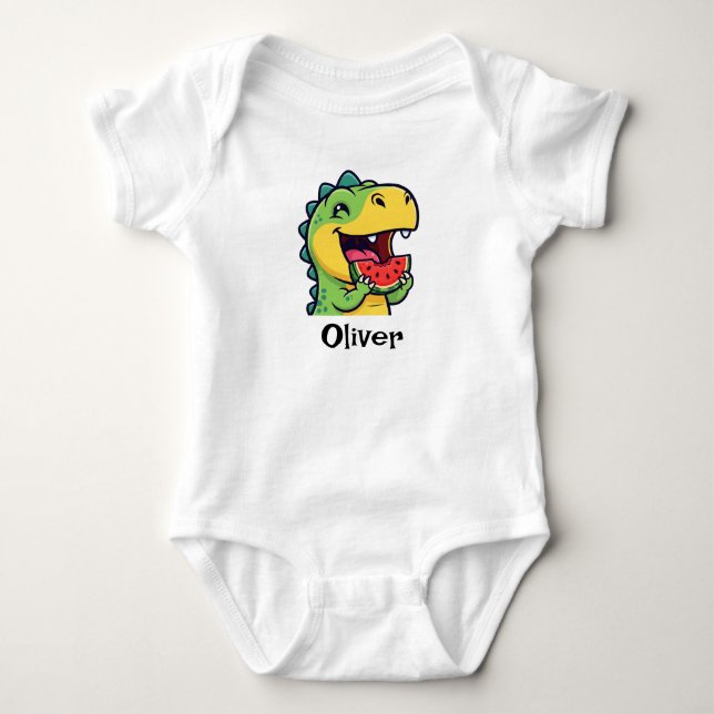 Glad dinosaur som äter vattenmelon t shirt (Framsida)