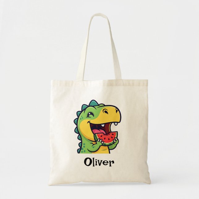 Glad dinosaur som äter vattenmelon tygkasse (Framsidan)