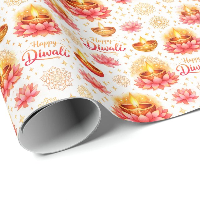 Glad Diwali — Akvarell Diya & Lotus  Presentpapper (Rullad Hörn)