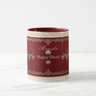 Glad Diwali Deepak-mönster Indiskt arv Maroon Mugg