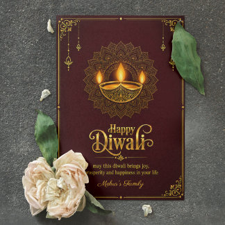 Glad Diwali Elegant Guld Diya Mandala Burgunder Kort