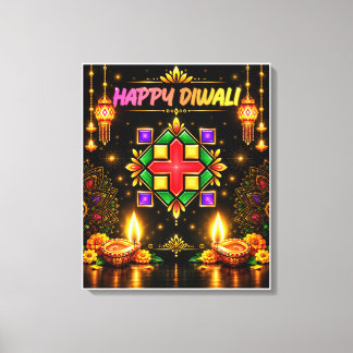 Glad Diwali Färgglad Rangoli och Traditionell Diya Canvastryck