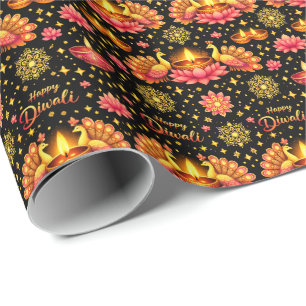 Glad Diwali-inslagspapper — Lotus, Diya & Påfågel Presentpapper