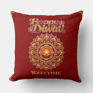 Glad Diwali ljusfestivalen Deepak Lotus Röd Kudde