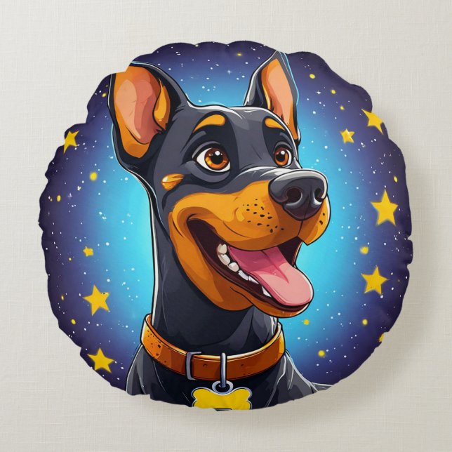 Glad Doberman-illustration Rund Kudde (Framsidan)