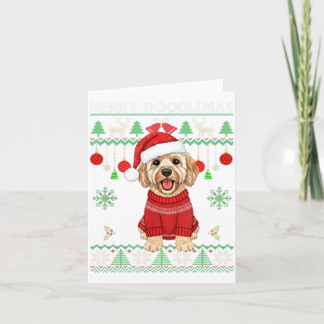 Glad Doodlemas Goldendoodle som bär ful jul Kort (Framsida)