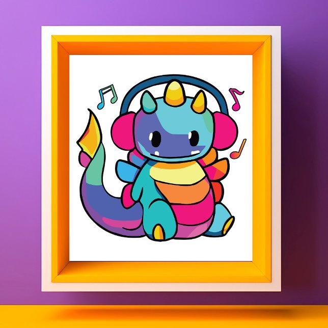 Glad drake med hörlurar som lyssnar på musik. fototryck (Happy dragon with headphones listening to music. photo print)
