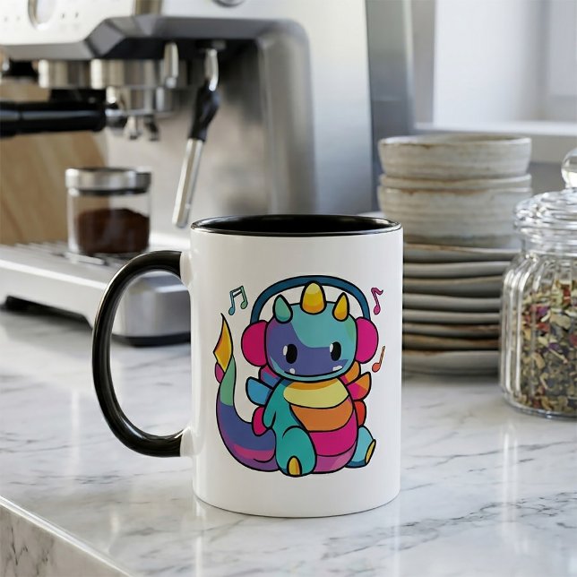 Glad drake med hörlurar som lyssnar på musik. mugg (Happy dragon with headphones listening to music. mug)