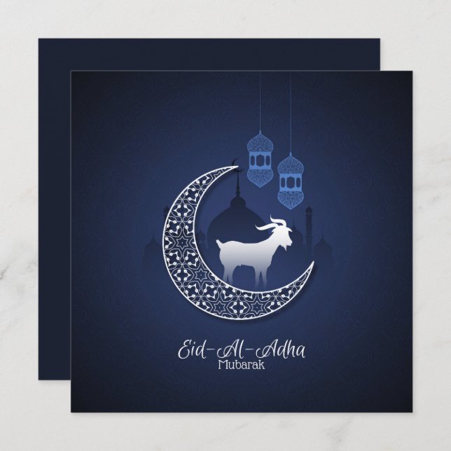 Glad Eid Al Adha Mubarak Blå Vit Get Islamisk Julkort (Fram/baksida)
