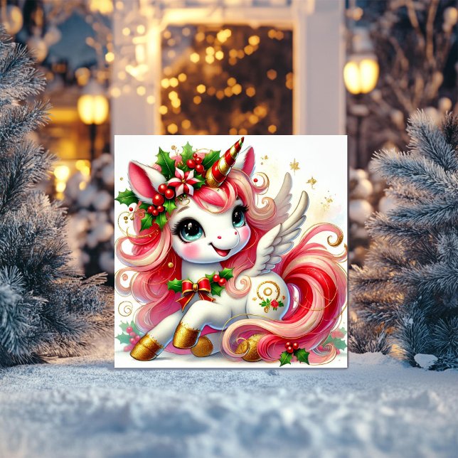 Glad enhörning med järnek och gyllene hovar julkort (Skapare uppladdad)