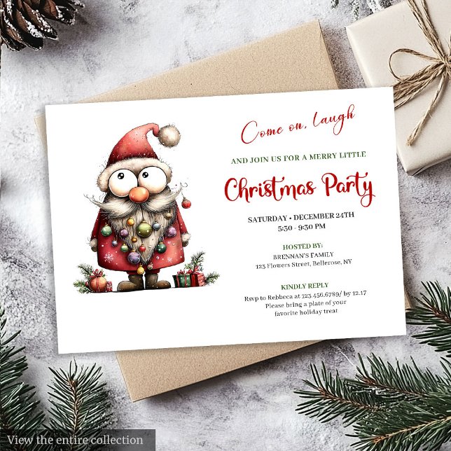 Glad Excentrisk Tomte Modern Julfest Kort (Cheerful Quirky Santa Modern Christmas Party Invite)