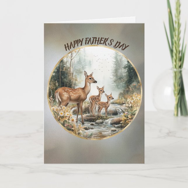 Glad fadersdag Doe och tvillingfawns i en å Kort (Framsida)