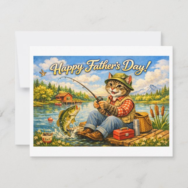 Glad fadersdag till din favoritfiskande kattpappa julkort (Framsida)