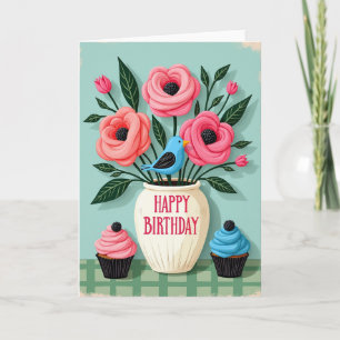 Glad Fågel Blommor Kort