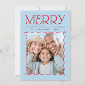 GLAD FAMILJEFOTO modern vågig kant blå röd Julkort