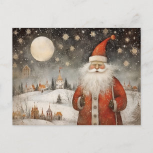 Glad fantasifull jultomte i en snöig by vykort