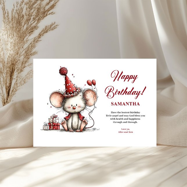 Glad fantasifull mus vattenfärg barn hälsning (Joyful whimsical animals watercolor kids greeting card

)