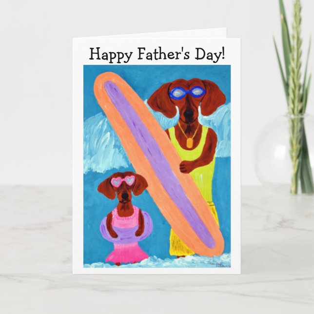 Glad fars dag Dachshund Surfar med valp Kort (Framsida)