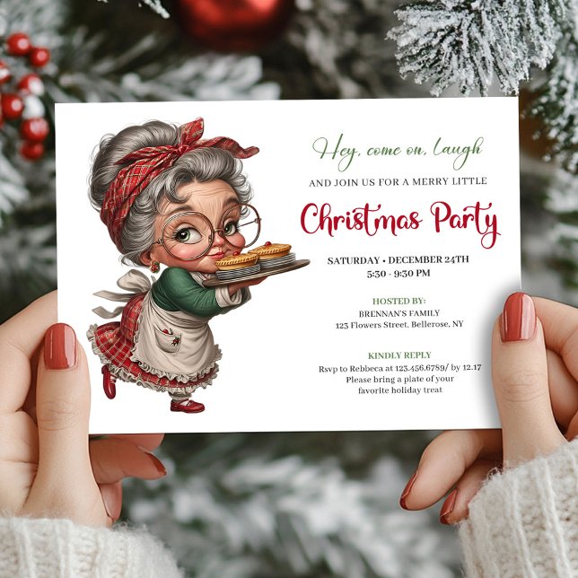 Glad festlig kvinna rolig julfest   inbjudningar (Cheerful festive woman funny Christmas party invite)