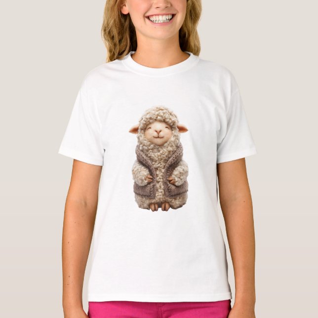 Glad filtad får i brun väst barn t shirt (Framsida)