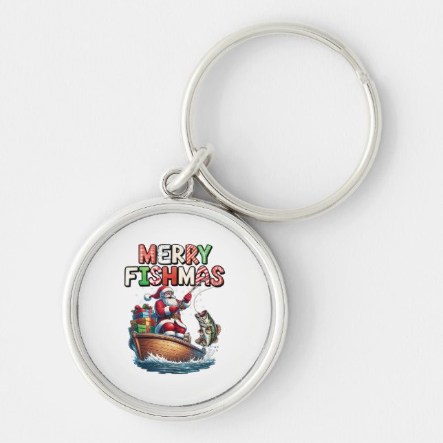 Glad Fishmas Jultomten Fiskentusiaster Rolig Fiska Rund Silverfärgad Nyckelring (Framsidan)