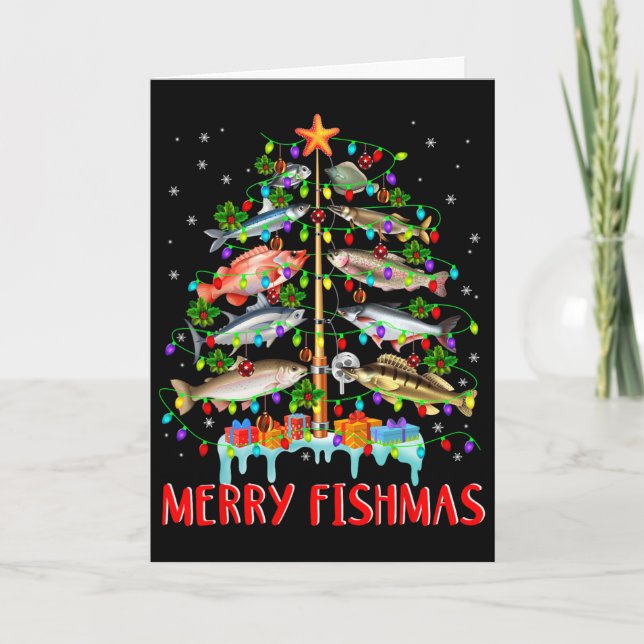 Glad fiskjul rolig julgran ljus fisk fis kort (Framsida)