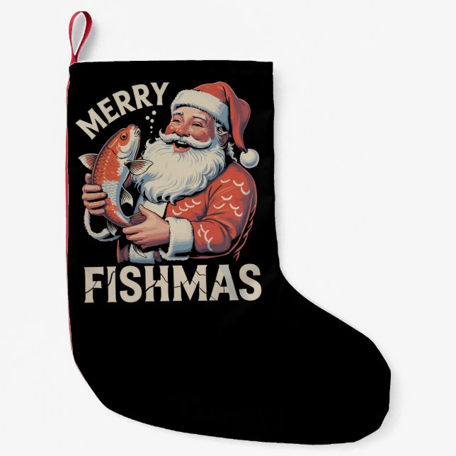 Glad fiskmas rolig jul tomte jaktar fisk  liten julstrumpa (Framsidan)
