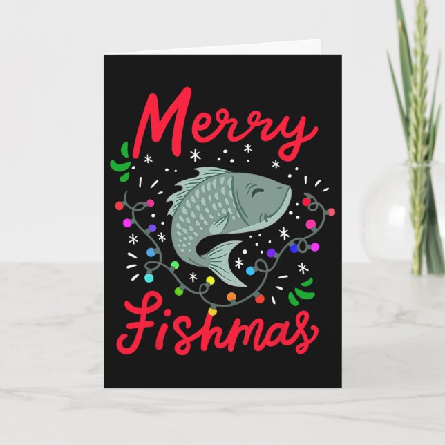 Glad fiskmas roliga julgran ljus fisk fis kort (Framsida)