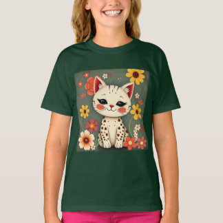 Glad Fläckig Katt med Blommor T Shirt