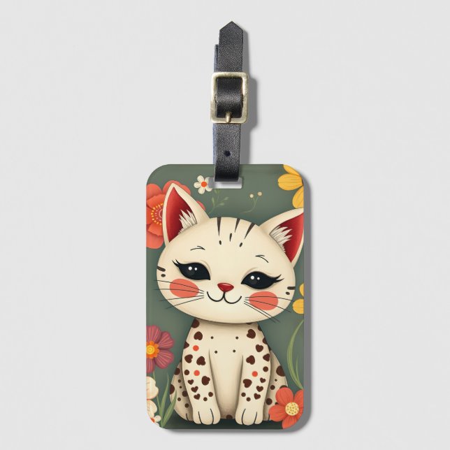 Glad Fläckig Kattunge med Blommor Bagagebricka (Framsida vertikal)