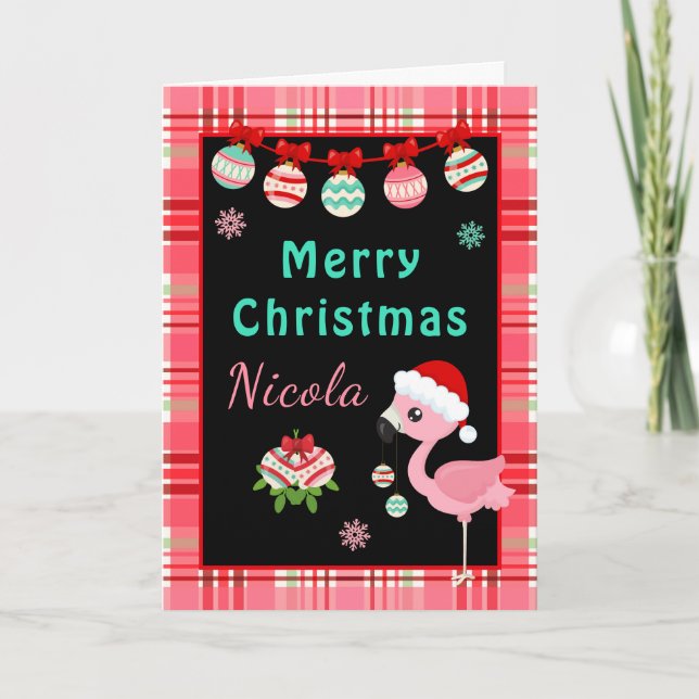 Glad Flamingo God Jul med namn Helgkort (Framsida)