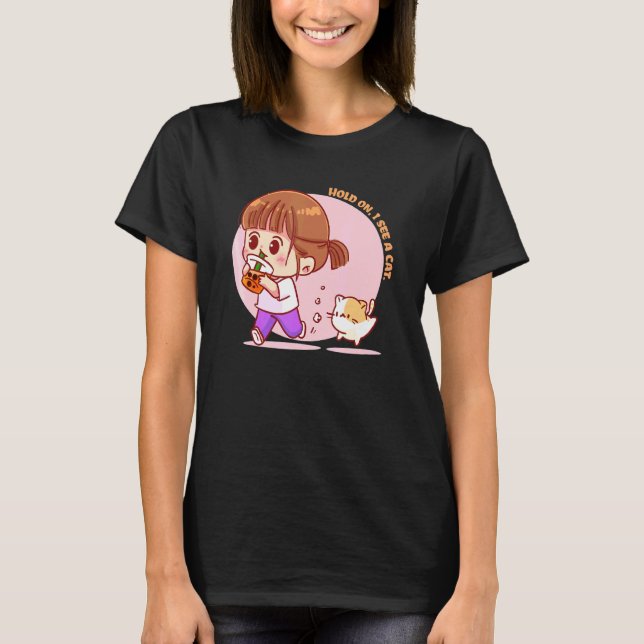 Glad flicka dricker bubbel-te och säger vänta jag  t shirt (Framsida)