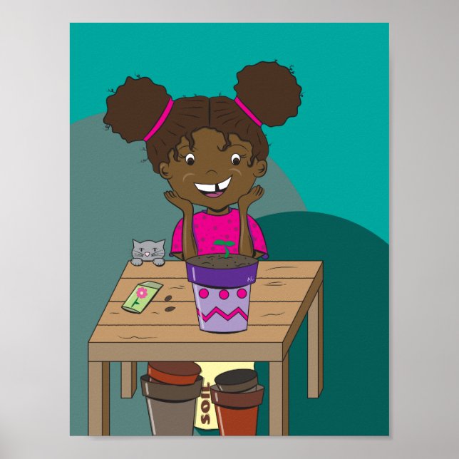 Glad flicka som stirrar på sin plantor Poster (Framsidan)